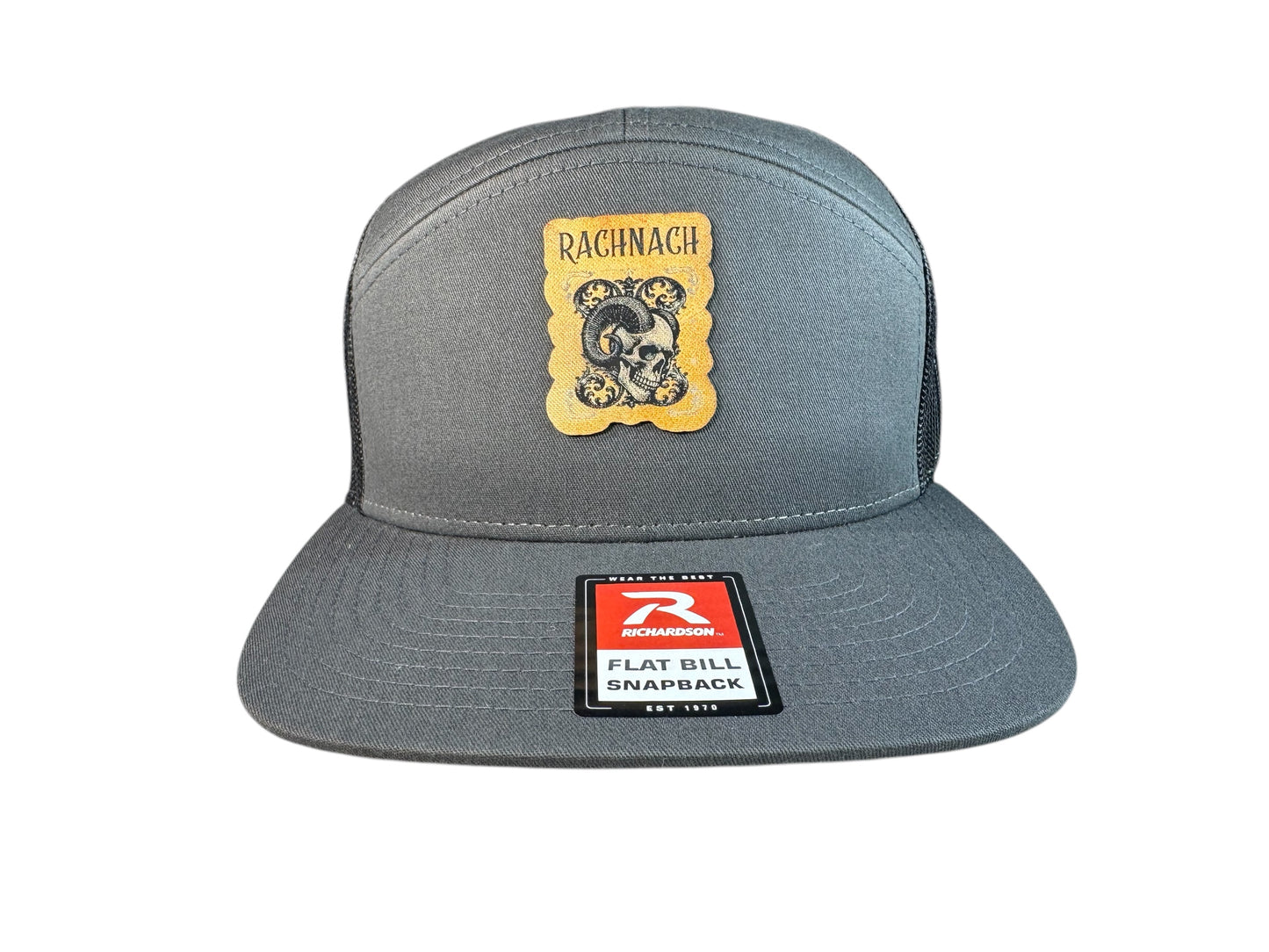 Richardson 168 flat bill snap back trucker hat PU leather patch skull Rachnach