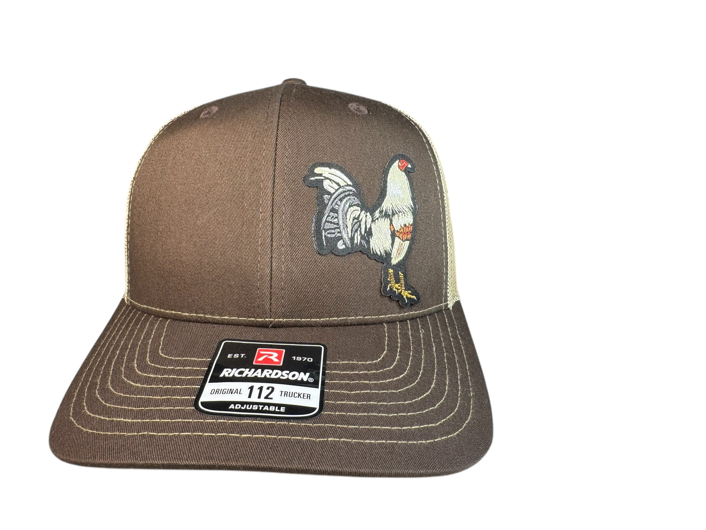 Richardson 112 trucker hat light gold rooster woven patch brown/natural color