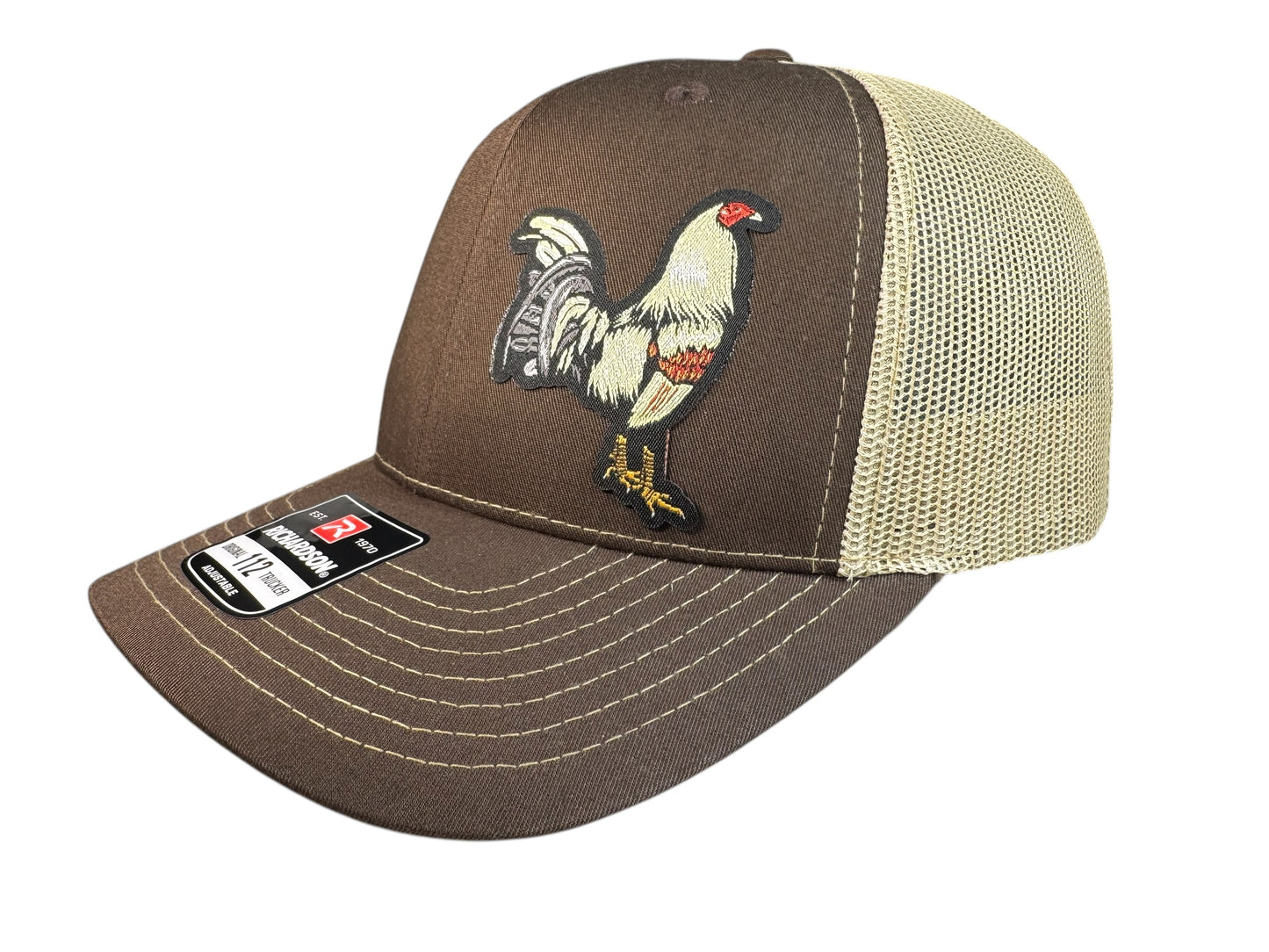Richardson 112 trucker hat light gold rooster woven patch brown/natural color