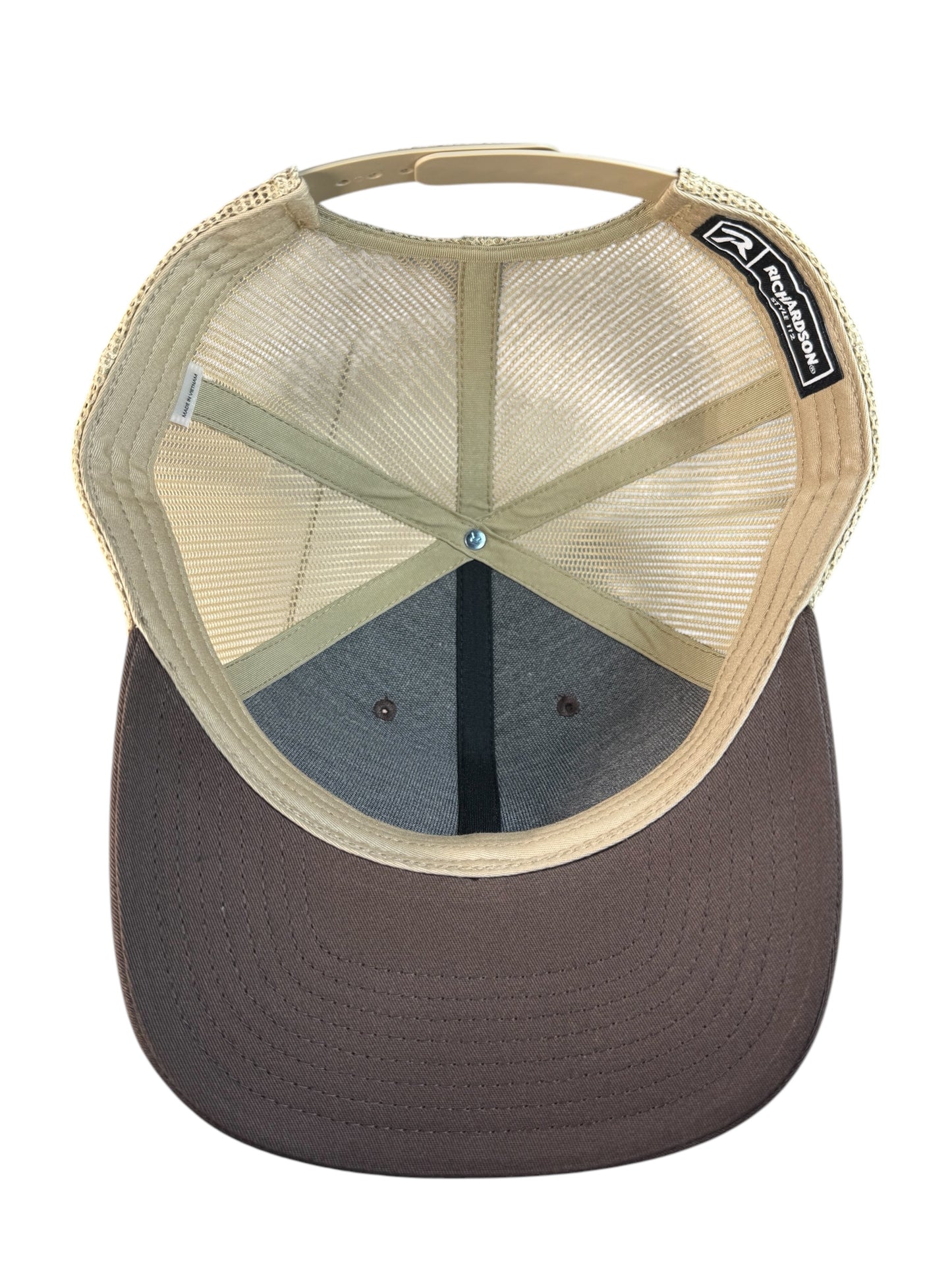Richardson 112 trucker hat light gold rooster woven patch brown/natural color