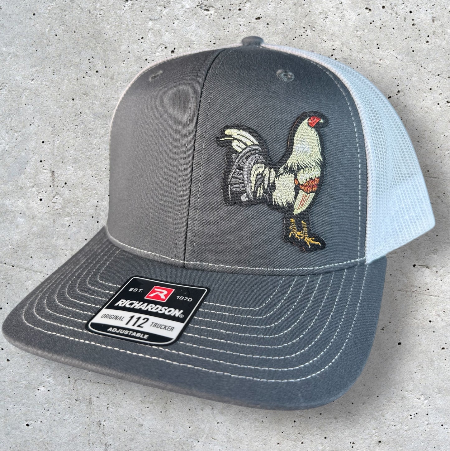 Richardson trucker hat light gold rooster woven patch gray/white color