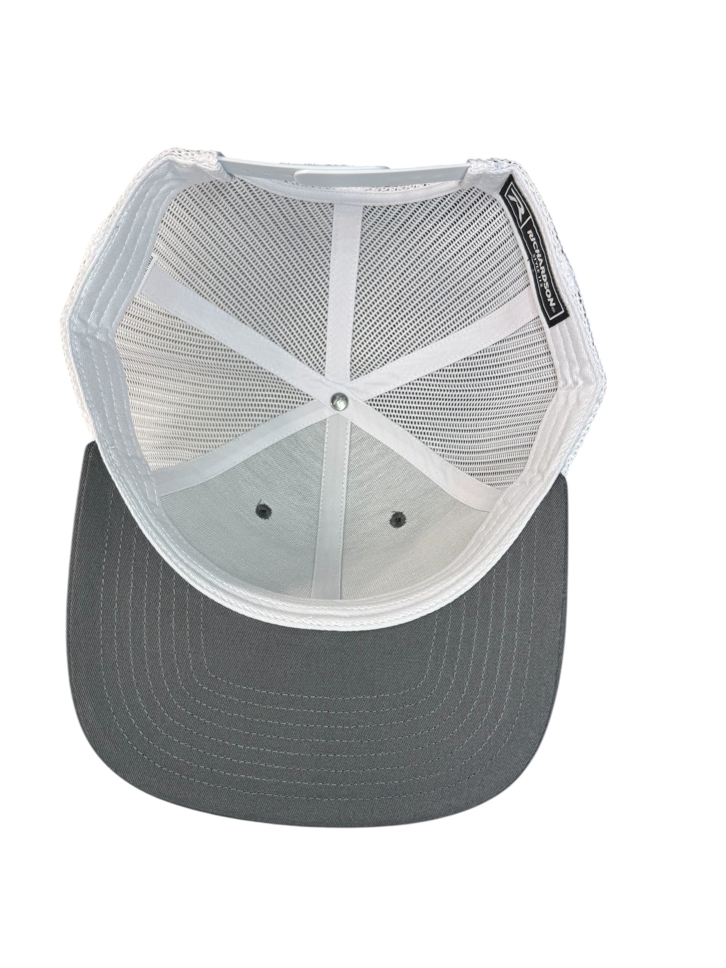 Richardson trucker hat light gold rooster woven patch gray/white color